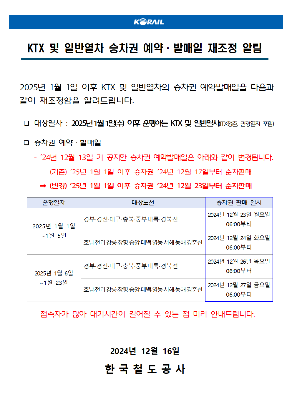 승차권 예약 ·발매일 재조정 알림 
□ 대상열차 : 2025년 1월 1일(수) 이후 운행하는 KTX 및 일반열차  
  (itx청춘, 관광열차 포함) 
□ 승차권 예약·발매일
 ※ 2024년 12월 13일 공지한 승차권 예약 · 발매일은 아래와 같이 변경됩니다.

운행일자 : 2025년 1월 1일 ∼1월 5일
승차권 발매 일시
- 경부·경전·대구·충북·중부내륙·경북선 :  2024년 12월 23일(월) 06:00부터 
- 호남·전라·강릉·장항·중앙·태백·영동·서해·동해선 : 2024년 12월 24일(화) 06:00부터
운행일자 : 2025년 1월 6일 ~ 1월 23일
- 경부·경전·대구·충북·중부내륙·경북선 :  2024년 12월 26일(목) 06:00부터 
- 호남·전라·강릉·장항·중앙·태백·영동·서해·동해선 : 2024년 12월 27일(금) 06:00부터
 접속자가 많아 대기시간이 길어질 수 있는 점 미리 안내드립니다.
한국철도공사