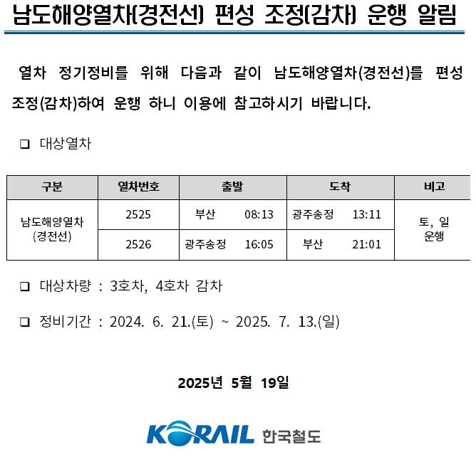 
남도해양열차(경전선) 편성 조정(감차) 운행 알림

열차 정기정비를 위해 다음과 같이 남도해양열차(경전선)를 편성  조정(감차)하여 운행 하니 이용에 참고하시기 바랍니다. 

  ❑ 대상열차 

구분
열차번호
출발
도착
비고
남도해양열차
(경전선)
2525
부산
08:13
광주송정
13:11
토, 일
운행
2526
광주송정
16:05
부산
21:01


  ❑ 대상차량 : 3호차, 4호차 감차 
  ❑ 정비기간 : 2024. 6. 21.(토) ~ 2025. 7. 13.(일)


2025년 5월 19일
