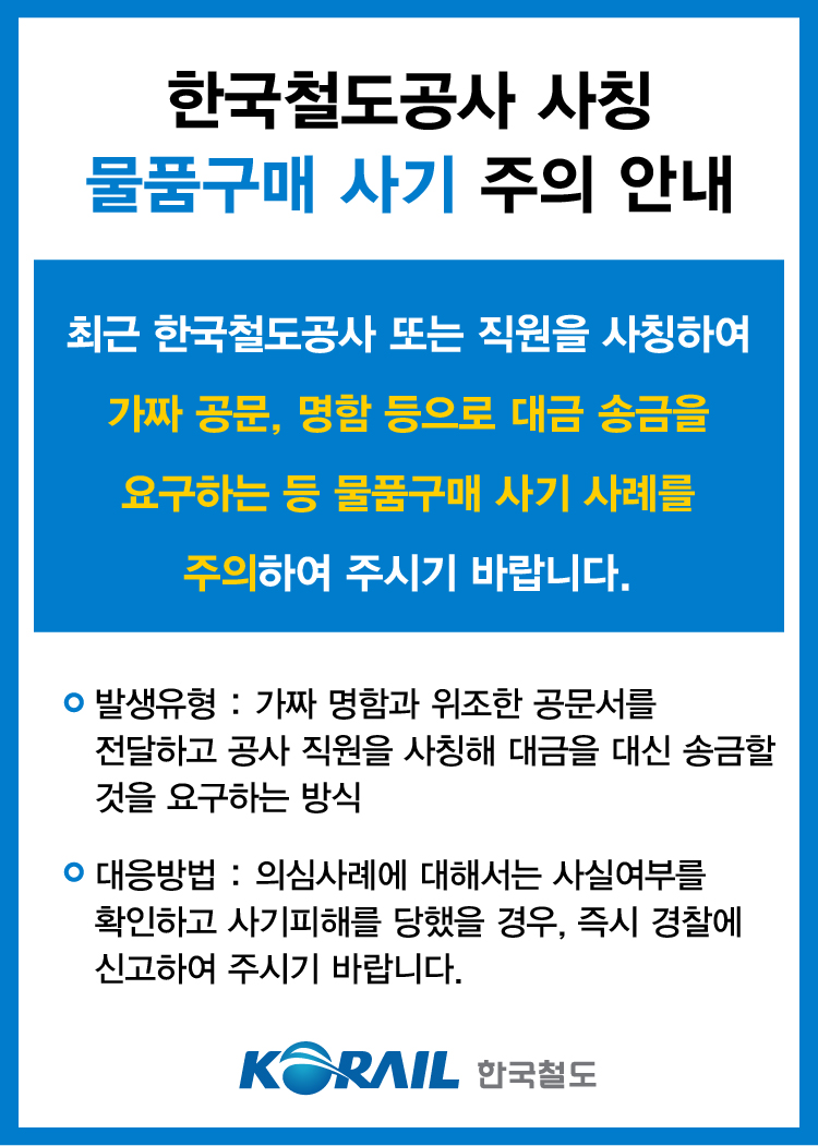 한국철도공사 사칭 물품구매 사기 주의 안내
최근 한국철도공사 또는 직원을 사칭하여 가짜 공문, 명함 등으로 대금 송금을 요구하는 등 물품구매 사기 사례를 주의하여 주시기 바랍니다.
- 발생유형 : 가짜 명함과 위조한 공문서를 전달하고 공사 직원을 사칭해 대금을 대신 송금할 것을 요구하는 방식
- 대응방법 : 의심사례에 대해서는 사실여부를 확인하고 사기피해를 당했을 경우, 즉시 경찰에 신고하여 주시기 바랍니다.
한국철도공사